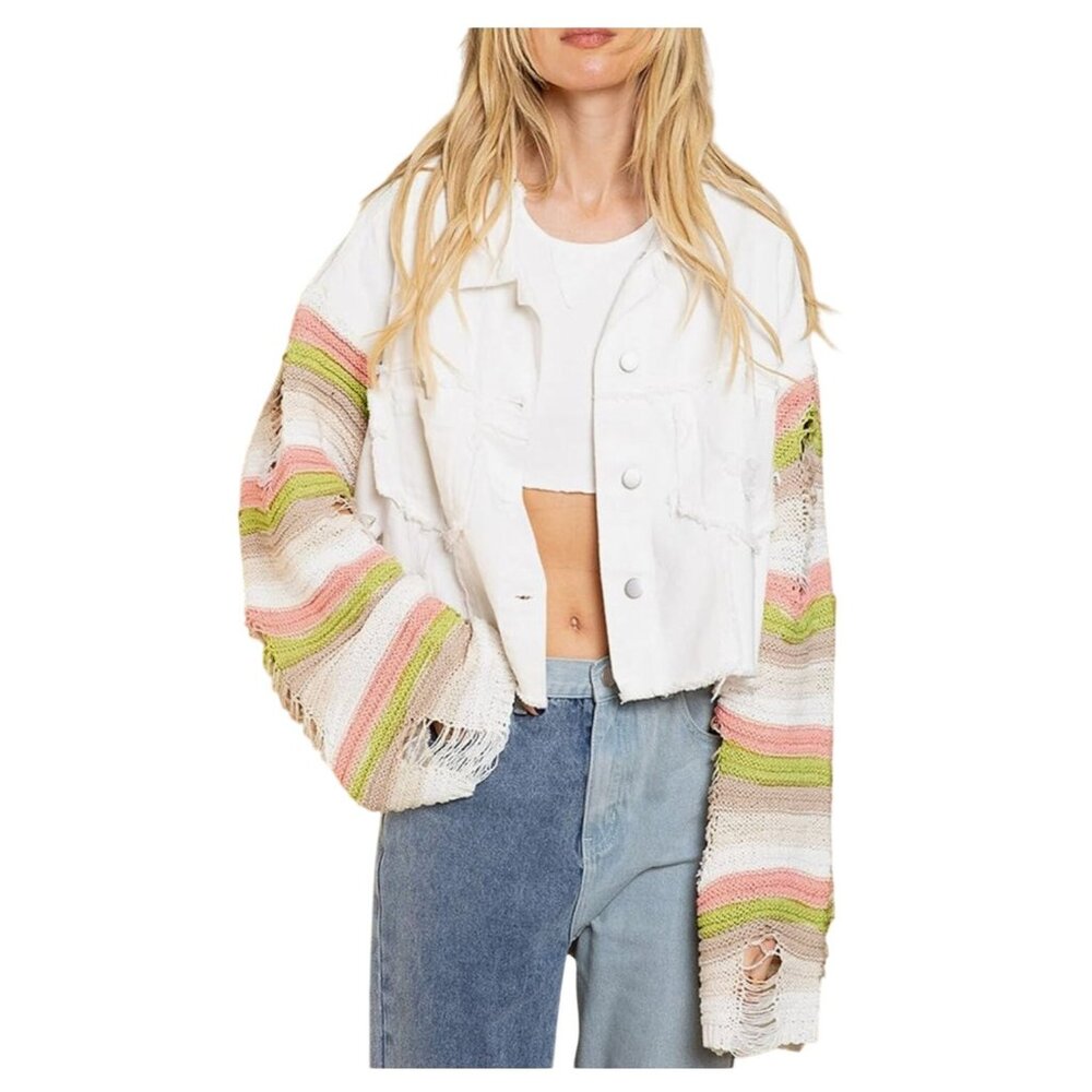 Joiemont Woven Sleeve Denim Mixed Media Jacket NWT Size Small